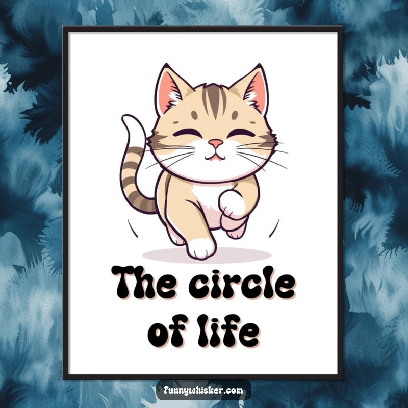 Funny Free Printable Wall Art showing a cat with intensely twitching whiskers, focused on the comical act of chasing its own tail.