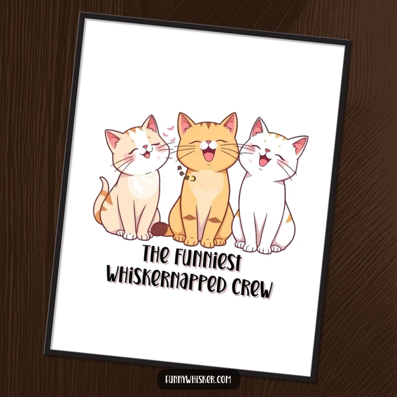 Funny Free Printable Wall Art: A cheerful group of cats with diverse whisker lengths sharing a contagious, happy giggle.