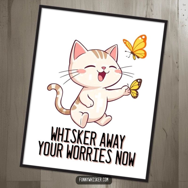 Funny Free Printable Wall Art: A Joyful Cat With Wild Whiskers Pursuing a Butterfly