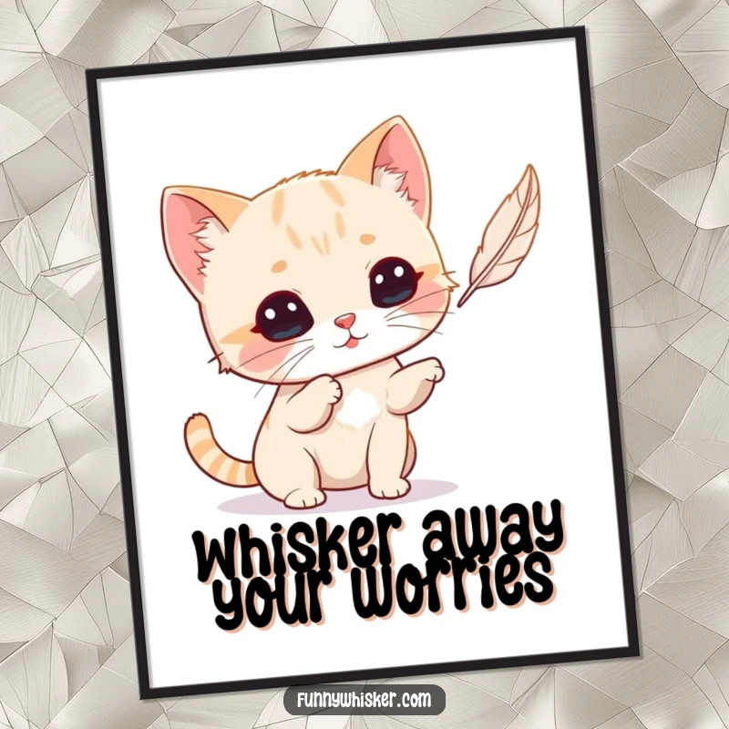 Funny Free Printable Wall Art: Tiny cat with exaggerated whiskers playfully batting at a floating feather, cute decor.