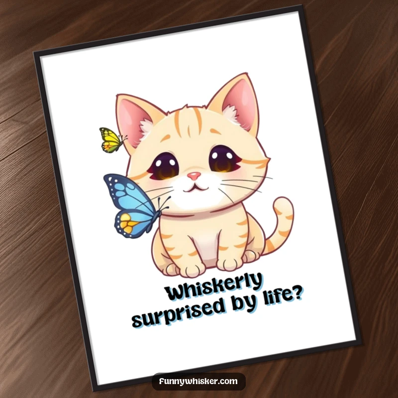 Funny Free Printable Wall Art: A cat looks surprised as its whiskers playfully touch a butterfly.