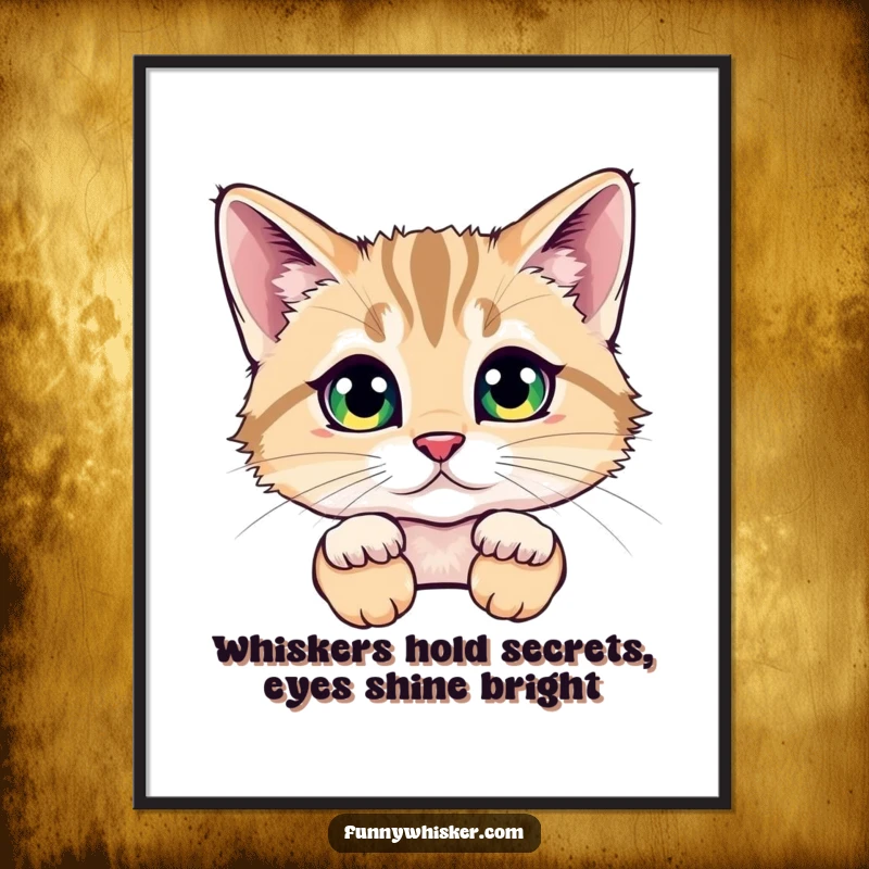 Funny Free Printable Wall Art: A cat peeks from behind comically large, fluffy whiskers, its eyes sparkling with playful curiosity.
