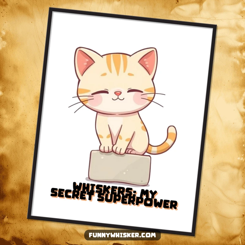 Funny Free Printable Wall Art: A cat character expertly balancing on a tiny ledge using its whiskers, humorous decor.