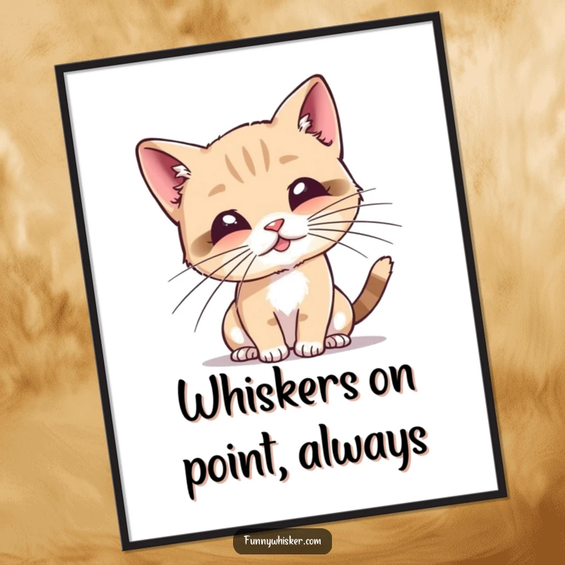 Funny Free Printable Wall Art, tiny cat playfully batting at its exaggerated whiskers, whimsical decor, downloadable.