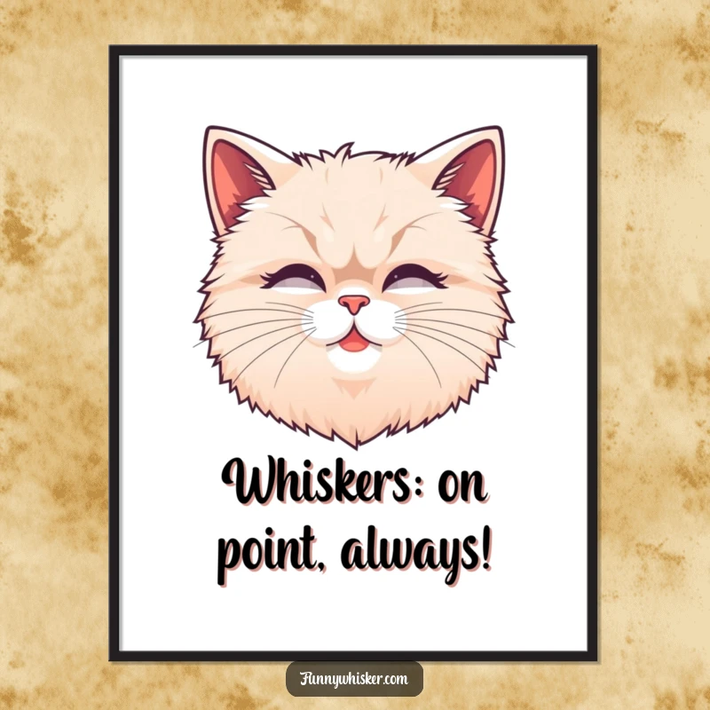 Funny Free Printable Wall Art: Fluffy cat head with exaggerated, wiggling whiskers, adding a touch of humor.