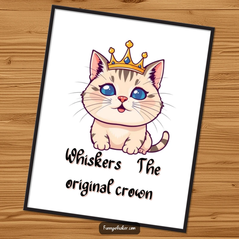 Funny Free Printable Wall Art depicting a regal cat wearing an exaggerated, silly whisker crown, exuding funny majesty.