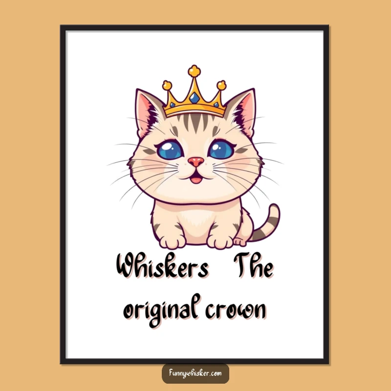 Funny Free Printable Wall Art: Regal Cat with Silly Whiskers Crown, Downloadable Art Gift