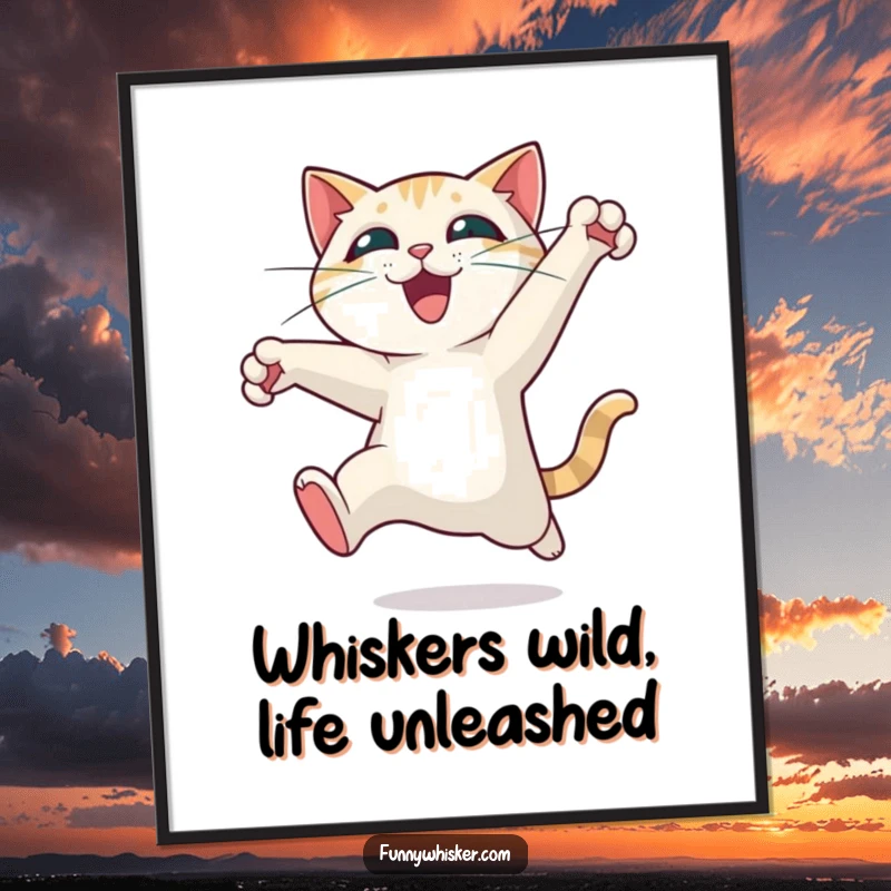 Funny Free Printable Wall Art: Cat performing a dramatic leap, whiskers wide with exhilaration, capturing pure motion, perfect downloadable decor.