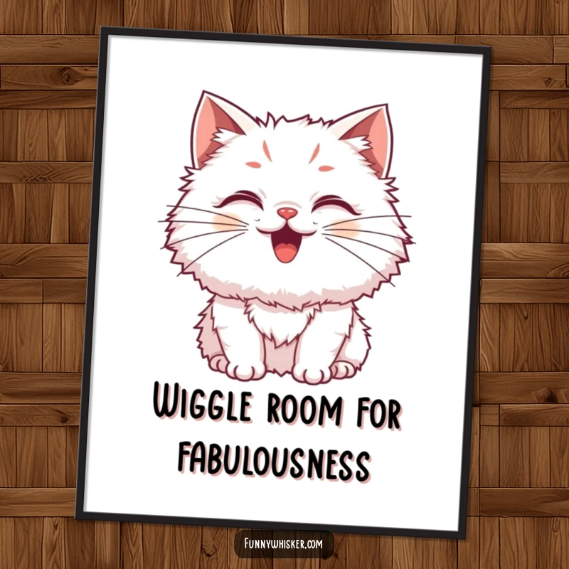 Funny Free Printable Fluffy Cat Wall Art: A fluffy cat with exaggerated, wiggling whiskers, vibrant downloadable art.