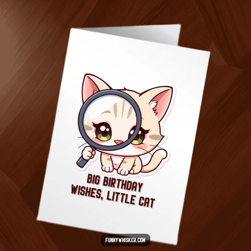 Funny Free Printable Birthday Card: A curious cat with enormous eyes peers intently through a magnifying glass, seeking birthday surprises.