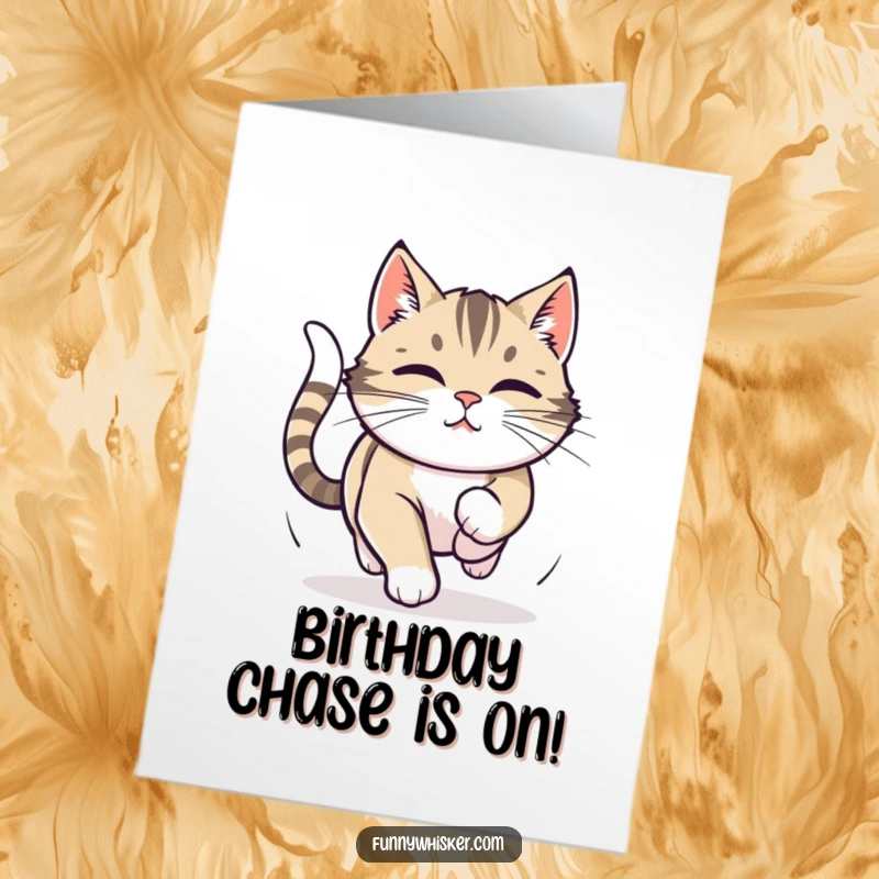 Funny Free Printable Birthday Card featuring a cat with twitching whiskers, intently chasing its own tail with comical focus.