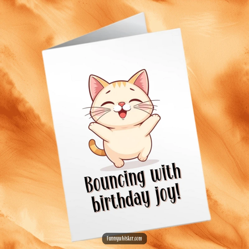 Funny Free Printable Birthday Card, small round cat with comically oversized whiskers doing a happy bounce, cheerful and cute.