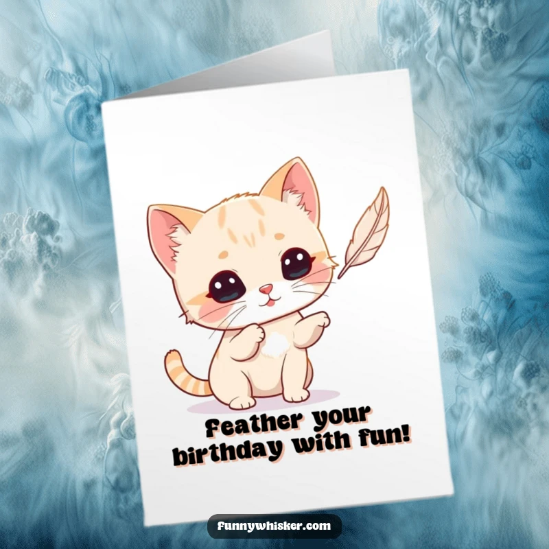 Funny Free Printable Birthday Card featuring a tiny cat with huge whiskers playfully batting at a floating feather.