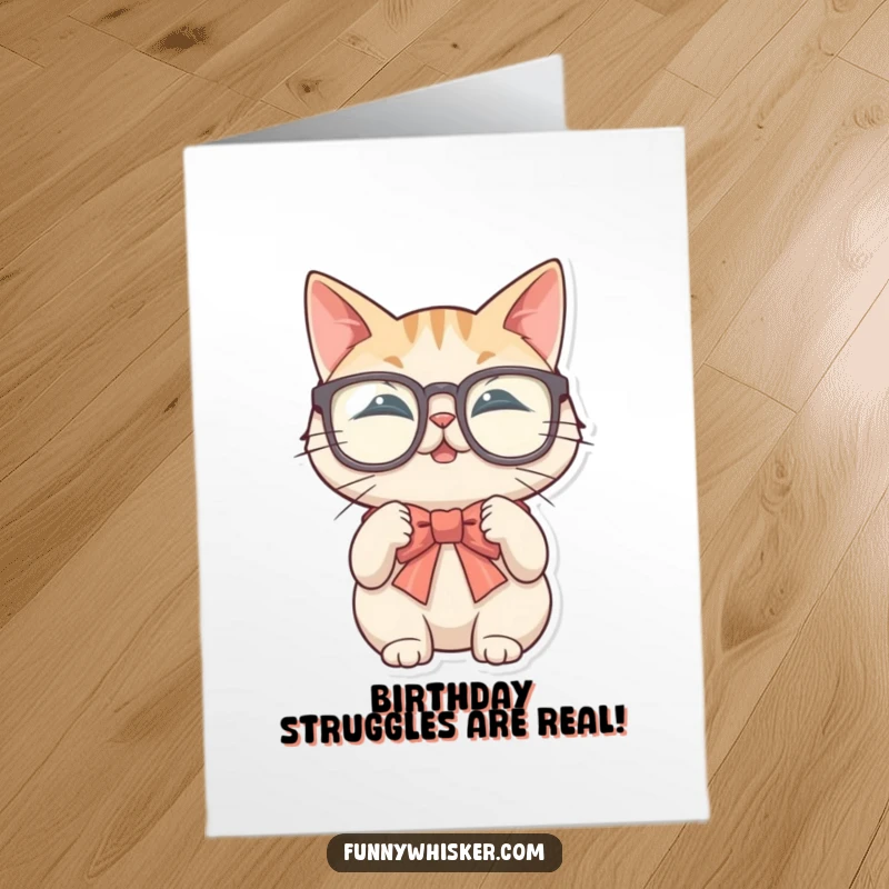 Funny free printable birthday card: A cat wearing huge glasses awkwardly tries to tie a bow using its whiskers.