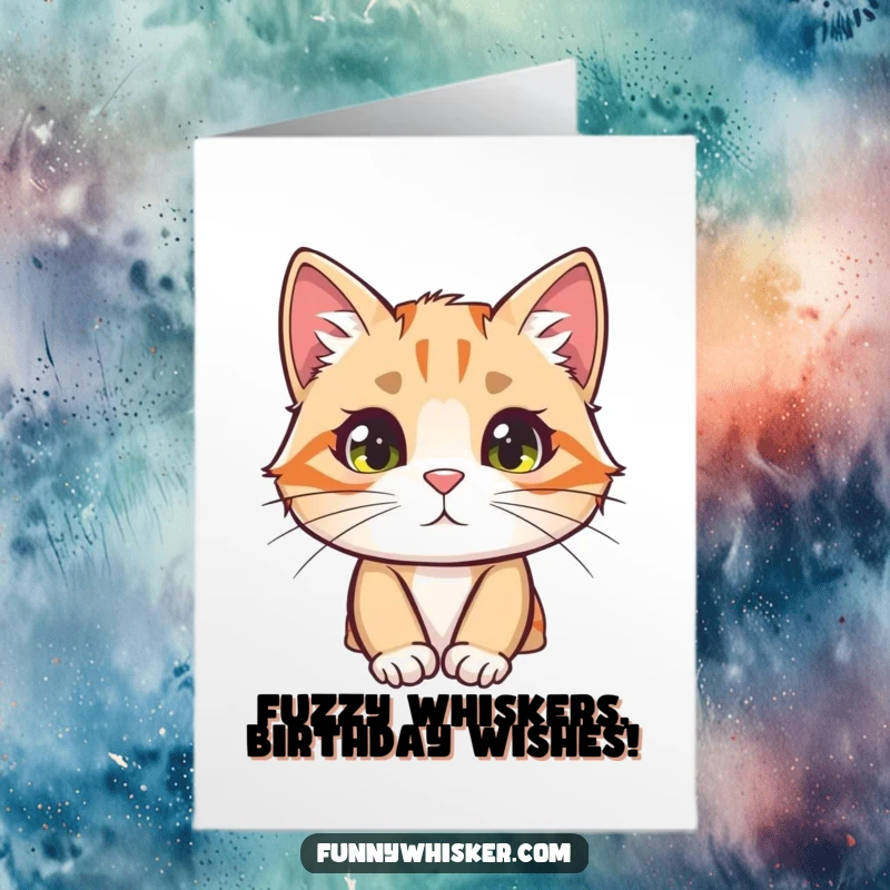 Funny Free Printable Birthday Card: Curious cat with big fuzzy whisker peeking out, a playful and humorous design.