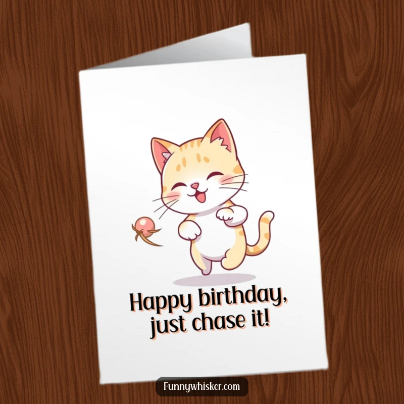 Funny Free Printable Birthday Card: A cat spins in a dizzy loop, chasing its own whisker, radiating chaotic birthday joy.