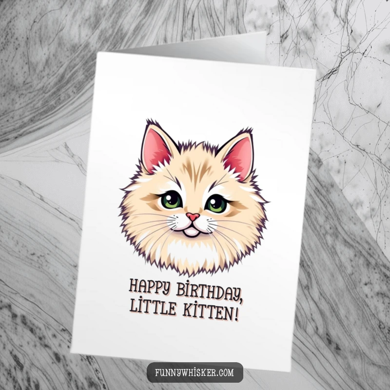 Funny Free Printable Birthday Card: A tiny cat face peeking curiously through a huge, soft, fluffy whisker tuft.