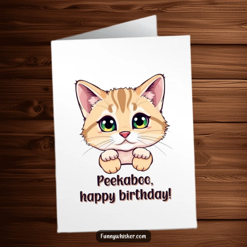Funny Free Printable Birthday Card: Cat peeking from behind huge fluffy whiskers, eyes sparkling with playful birthday mischief.