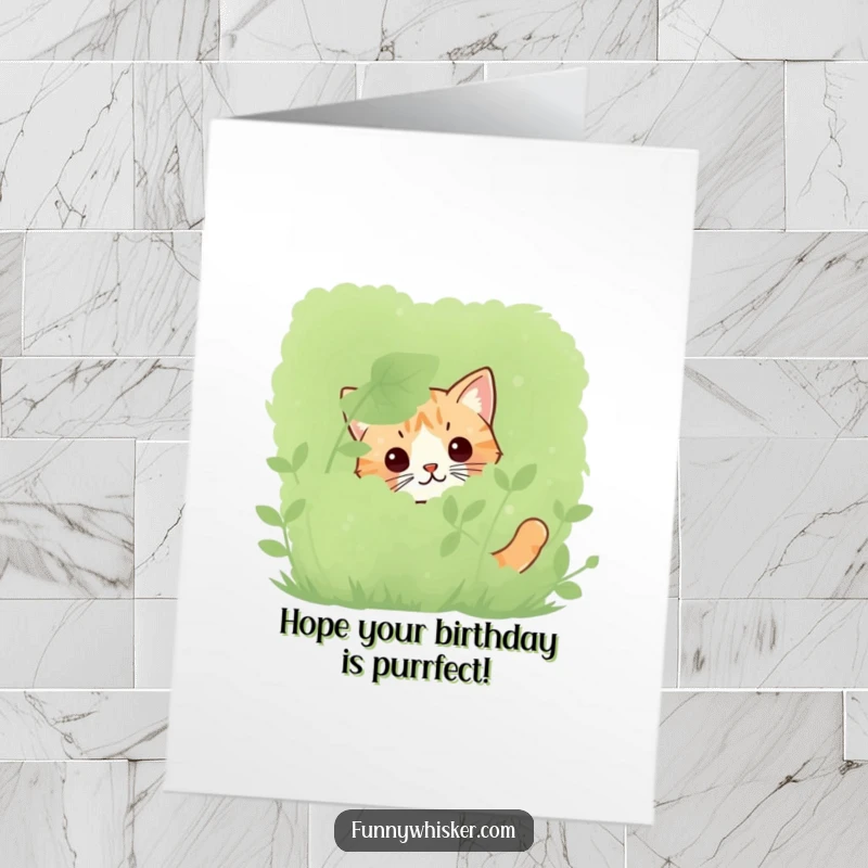 Funny Free Printable Birthday Card: A cat’s twitching whiskers peek from behind a bush, hinting at birthday fun.