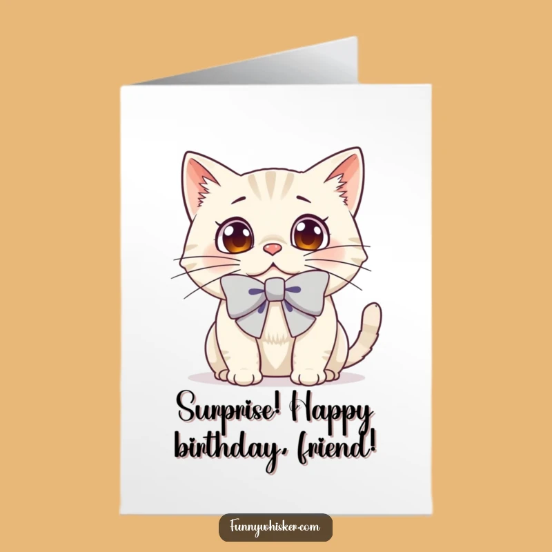 Free Printable Birthday Card: Surprised Cat Bow Whiskers Funny Downloadable Gift