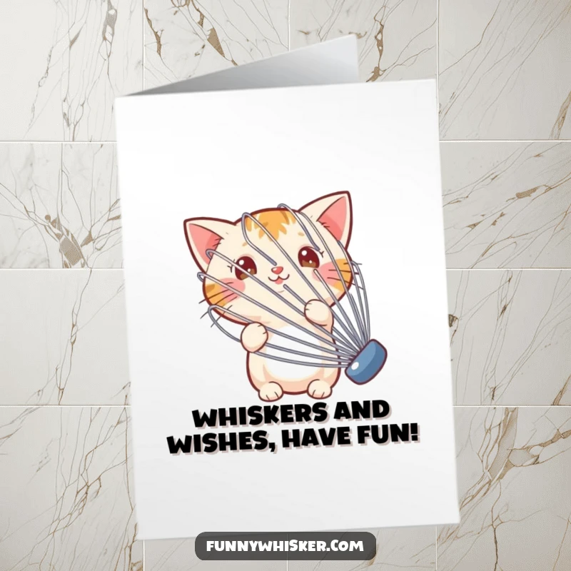 Funny free printable birthday card: Tiny cat peeking comically from behind a massive, wobbly whisk, perfect for cat lovers.
