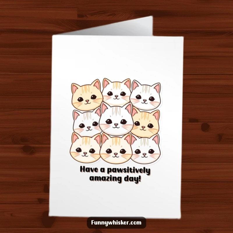 Funny Free Printable Birthday Card: A group of small, round cat faces with vibrating whiskers, sending birthday wishes!