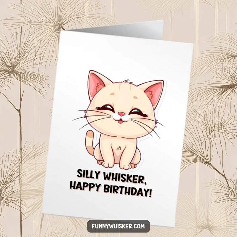Funny Free Printable Birthday Card: An elegant cat with distinguished whiskers strikes a ridiculously silly pose, ready for laughs.