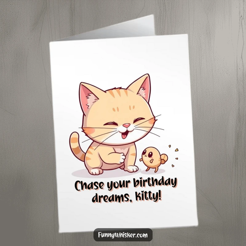 Funny Free Printable Birthday Card: Cat with wiggling whiskers hunting a dust bunny, a hilarious downloadable gift.