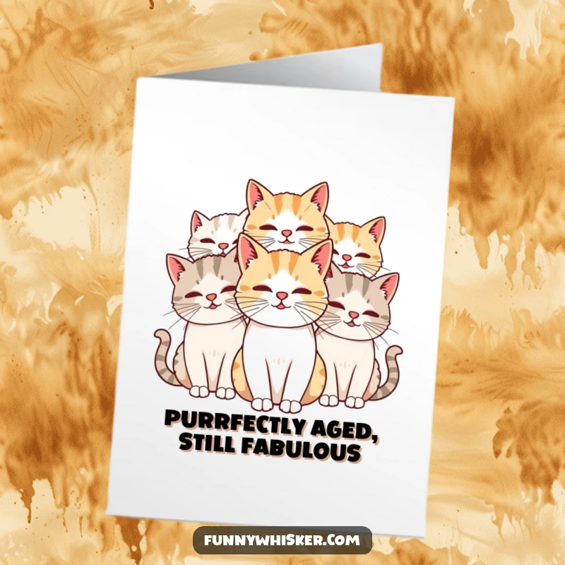 Funny Free Printable Cat Birthday Card: A group of cats with comically long, intertwined whiskers celebrating together.