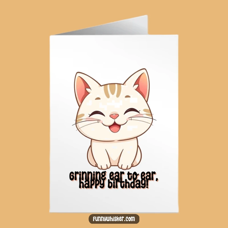 Free Printable Grinning Cat Birthday Card: Upward Whiskers Smile Downloadable Fun