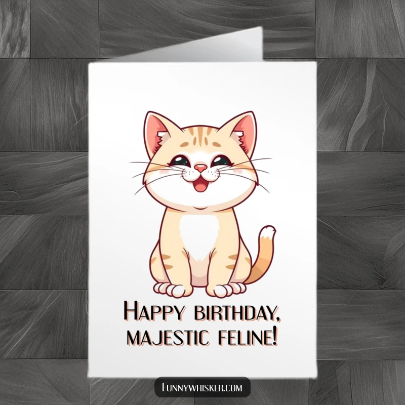 Funny Free Printable Birthday Card of a proud cat striking a pose with playful, twitching whiskers. Downloadable art.