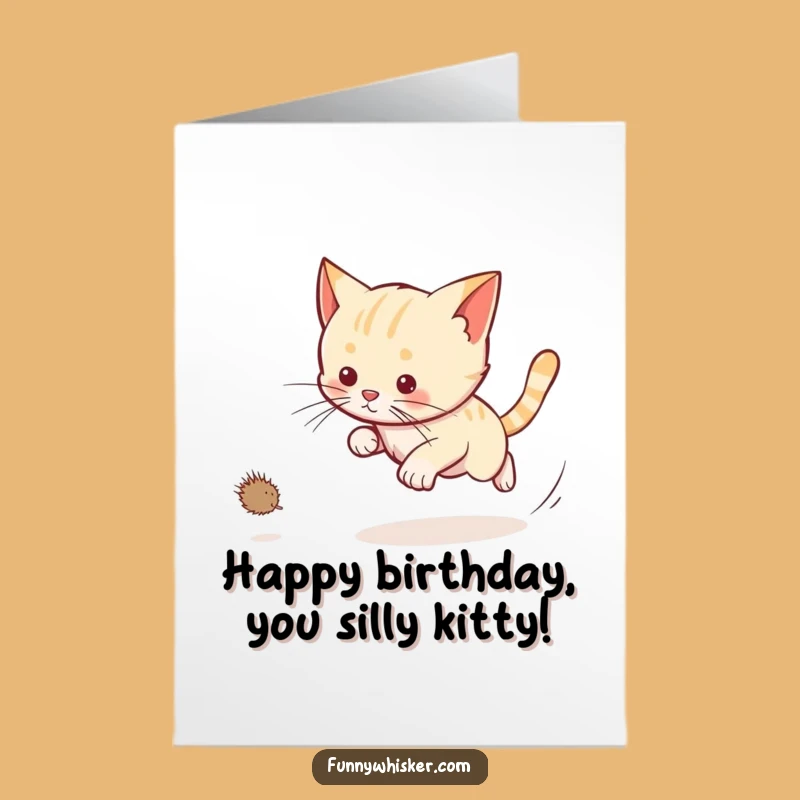 Free Printable Birthday Card: Whiskered Dust Bunny Chase - Energetic Funny Downloadable Gift