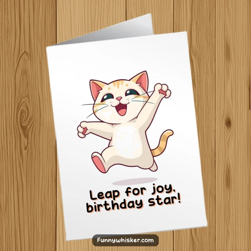Funny Free Printable Birthday Card: Cat leaping with wide whiskers, full of exhilarating motion, ready to download and print.