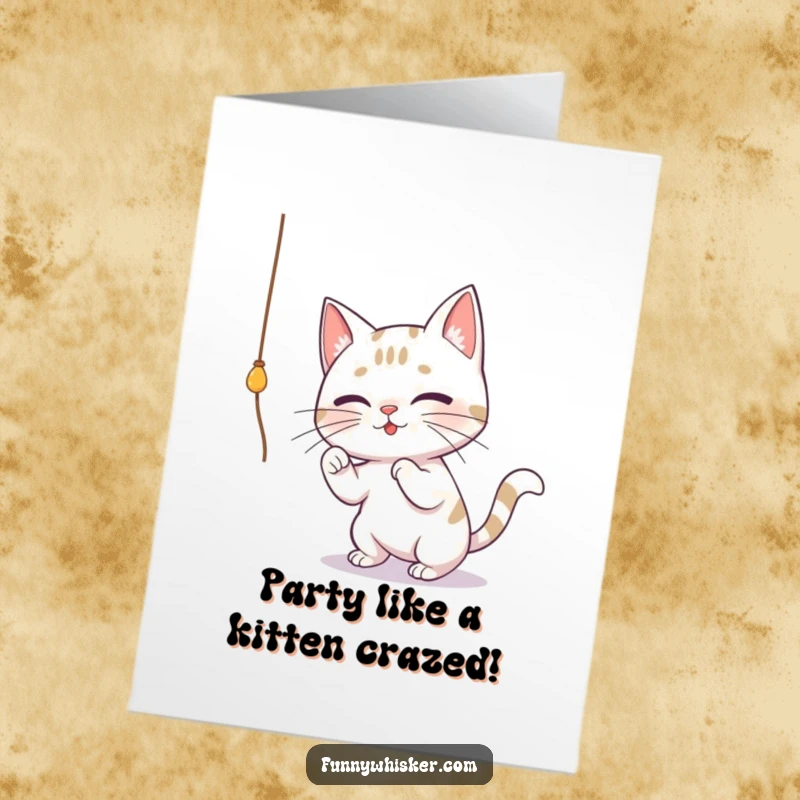 Funny Free Printable Birthday Card: Cute cat with huge whiskers playfully swatting a dangling string with gleeful concentration.