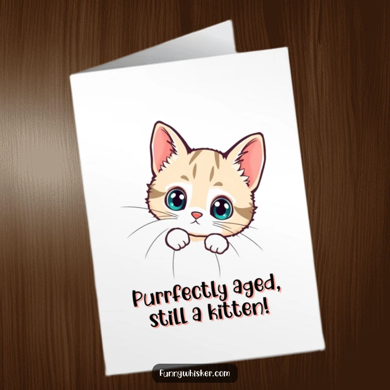 Funny Free Printable Birthday Card: Tiny curious cat hiding behind a huge whisker, big eyes, downloadable greeting.