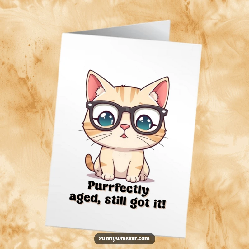 Funny Free Printable Birthday Card featuring a grumpy cat in tiny spectacles, looking sophisticated yet silly, ready to party.