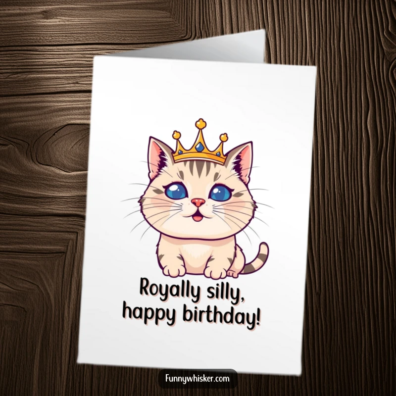 Funny Free Printable Birthday Card featuring a regal cat wearing an oversized, silly whisker crown, looking hilariously majestic.
