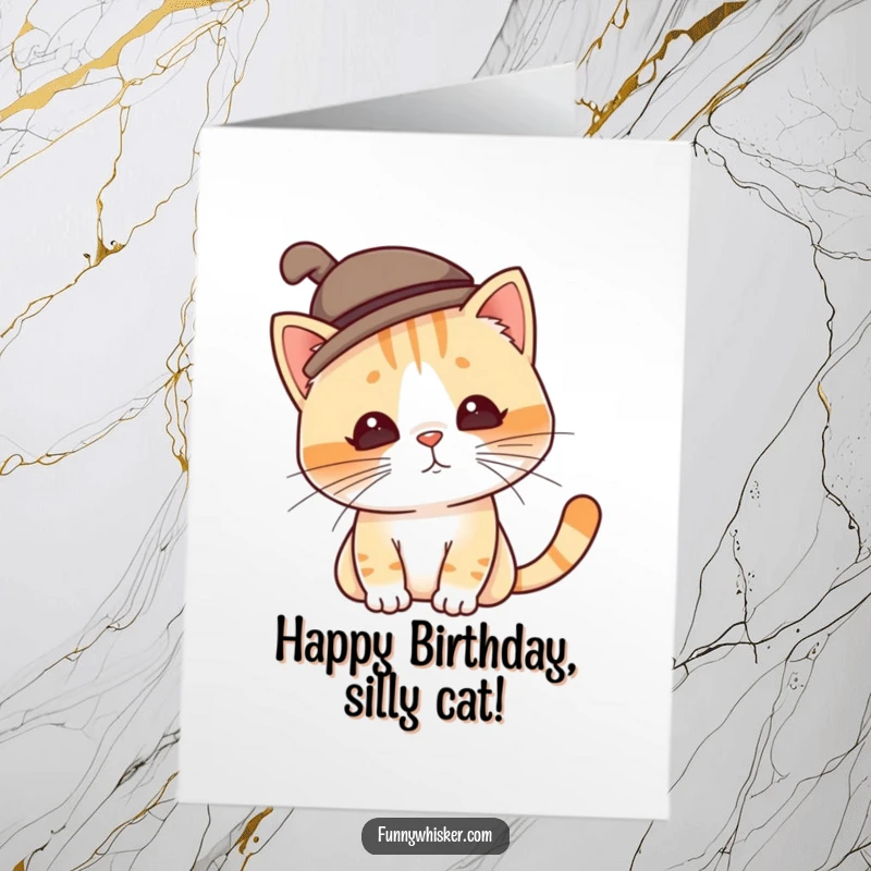 Funny Free Printable Birthday Card: Cat wearing a tiny, silly hat that tilts because of its twitching whiskers, full of festive charm.