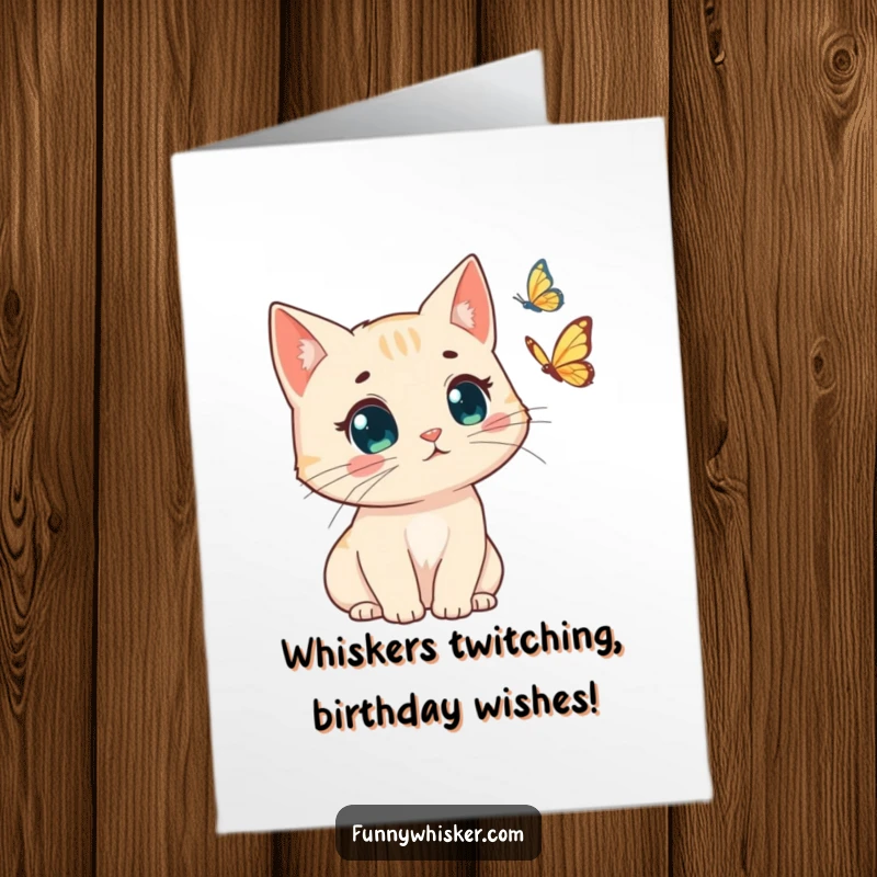 Funny Free Printable Birthday Card: A surprised cat with windswept whiskers gazes at a fluttering butterfly, ready to deliver laughs.