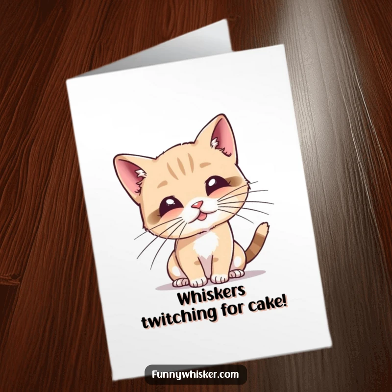 Funny Free Printable Birthday Card, tiny cat playfully batting at its own long, exaggerated whiskers, cute and humorous.