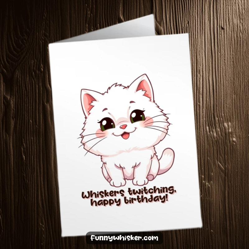 Funny Free Printable Birthday Card: A fluffy cat with huge whiskers wiggles with pure, unadulterated glee, ready to celebrate.