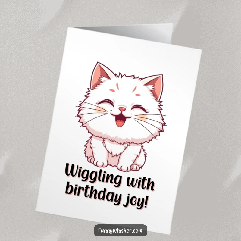 Funny Free Printable Fluffy Cat Birthday Card: A fluffy cat with exaggerated, wiggling whiskers celebrating with pure excitement.