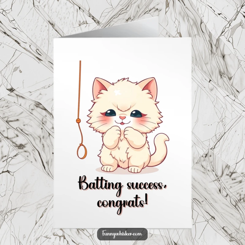 Funny Free Printable Congrats Card: A fluffy cat is captured mid-play, batting playfully at a dangling string, celebrating your win.