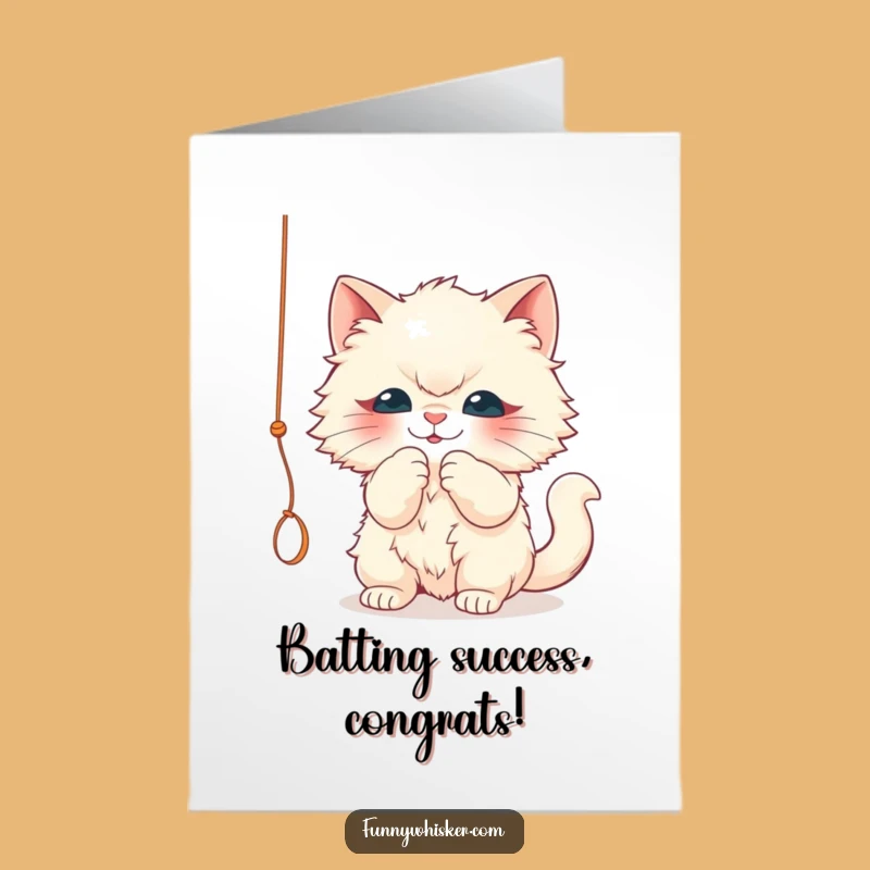 Free Printable Congrats Card: Fluffy Cat String Play, Humorous Downloadable Greeting for Success