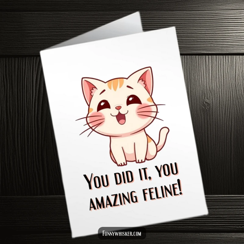 Funny Free Printable Congratulations Card showing a small cat character wiggling its long whiskers with sheer excitement for an achievement.