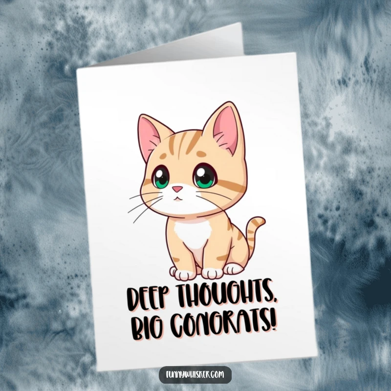 Funny Free Printable Congratulations Card: Cat looks thoughtfully into the distance, whiskers drooping in contemplation, pondering success, ideal for downloading.