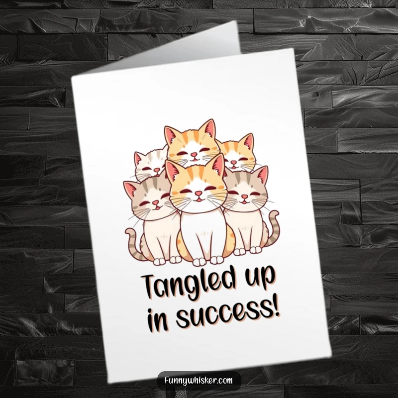 Funny Free Printable Cat Congratulations Card: Two cats with long, intertwined whiskers, celebrating a shared victory.