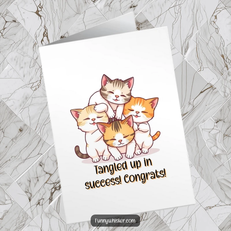 Funny free printable congratulations card: Three cats tumble joyfully, their whiskers intertwined in a celebration.