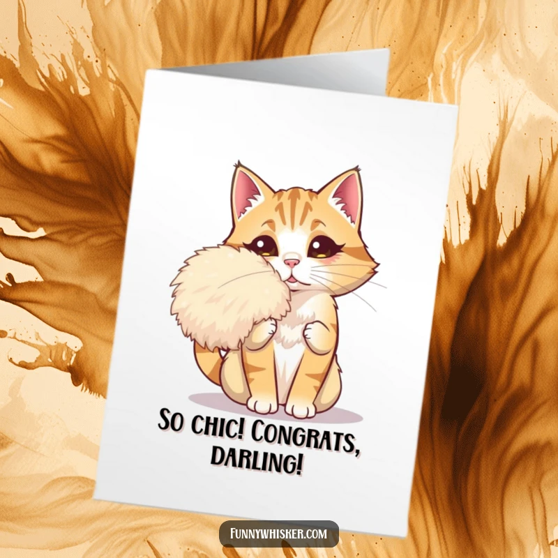 Funny Free Printable Congratulations Card featuring a dramatic cat fanning itself with its own giant, fluffy whisker. Downloadable art.