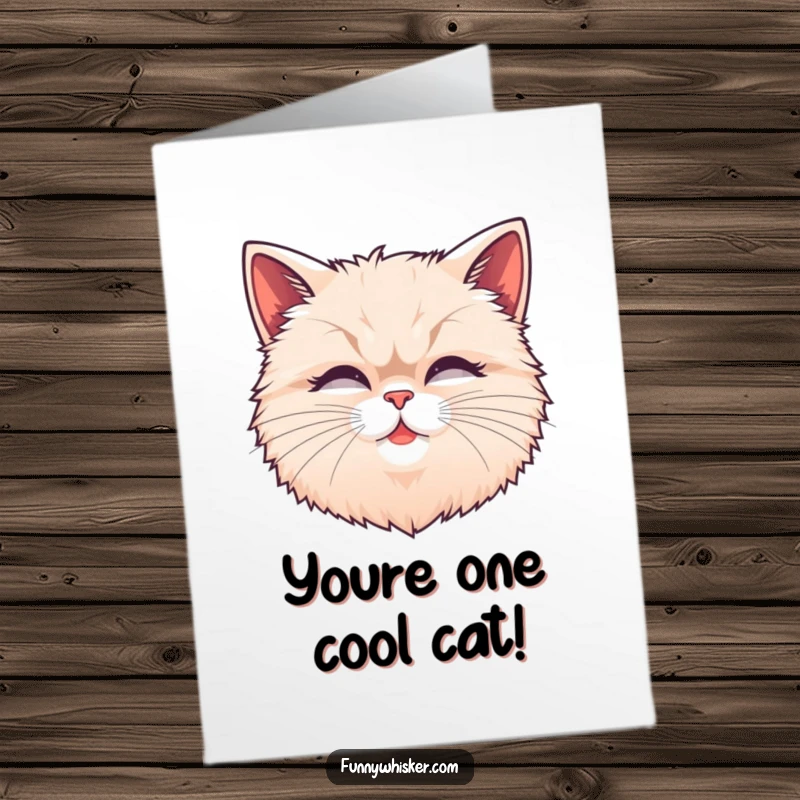 Funny Free Printable Congrats Card: Fluffy cat head with exaggerated, wiggling whiskers, celebrating achievements.